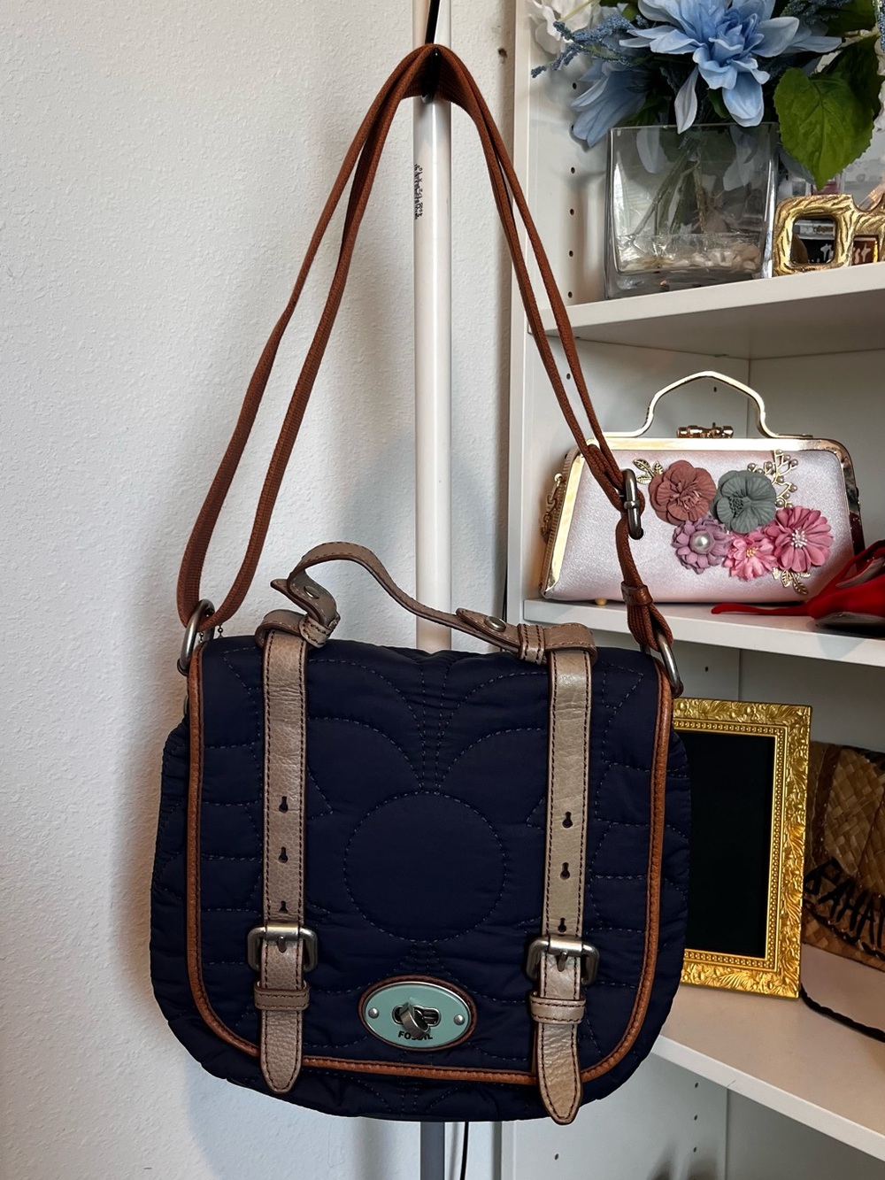 Fossil Navy Quilted Crossbody with Tan Trim and Brown Strap